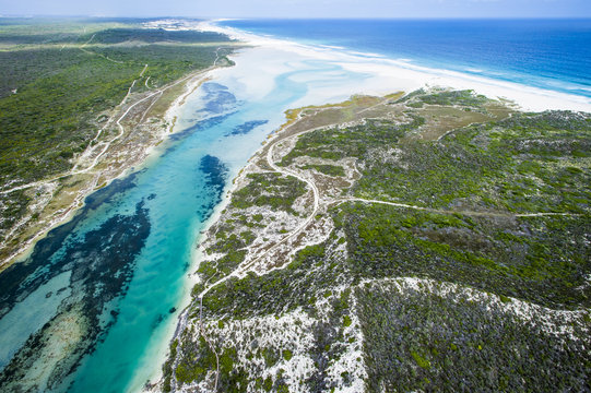 Aerial view of Heuningnes Estuary flowing into the sea
