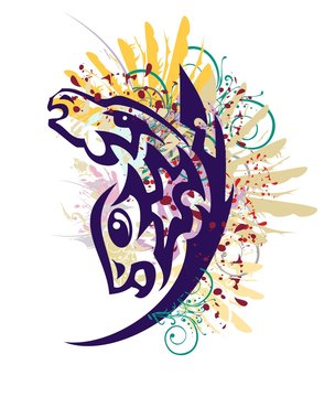 Grunge unusual horse symbol. Tribal symbol formed by the head of a horse and-headed fish with feathers, floral elements and blood drops
