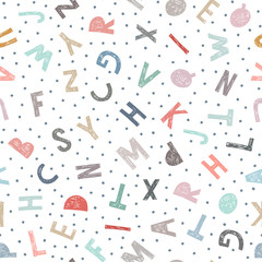 Kids pattern of letters in doodle style. Stylish alphabet seamless background.