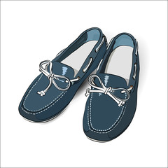 Blue female moccasins isolated on white background. Vector illustration.