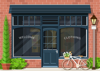Graphic fashion shop facade. Stylish street store exterior design. Flat style vector illustration.