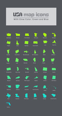 USA map icon set. region icons of USA. blue and green color