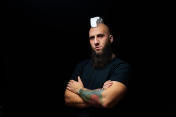 Funny musician mohawk with shaving foam covered face