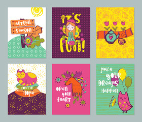 Autumn funny hand drawn cards set.