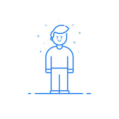 Vector illustration of blue icon in flat line style. Linear cute and happy boy. Graphic design concept of man use in Web Project and Applications Outline isolated object.