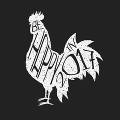 Rooster and lettering isolated on black background. The symbol of the year 2017. Silhouette. Text. 2017. Vector illustration.