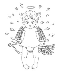 Valentine's day. Funny Cupid-girl in white dress with bow and arrows in her hands. Hearts around.