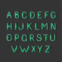 Fototapeta premium Green neon light glowing alphabet. Vector luminescent signs, typeset, letters, font