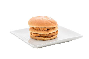 chicken hamburger on white plate and white backgroung