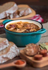 Traditional Sour Cabbage Soup with Sausage and Mushrooms