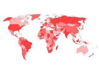 Fototapeta na wymiar World map with names of sovereign countries and larger dependent territories. Simplified vector map in four shades of red on white background.