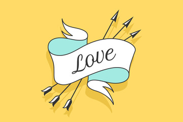 Obraz premium Old vintage ribbon banner with arrows and text Love in colorful background. Hand drawn design element. Design concept for greeting card, print t-shirt and Love themes. Vector Illustration