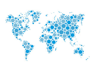 World map mosaic of blue dots in various sizes and shades on white background. Vector illustration. Abstract background theme.