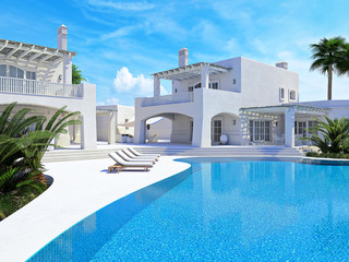 Villa with swimming pool. summer concept. 3d rendering - obrazy, fototapety, plakaty