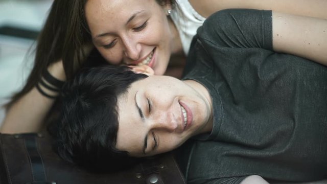 Close-up: the lesbians lays and talk in park