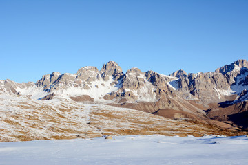 Ski slope in Dolomites, Italy, Europe.