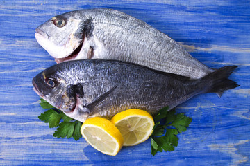 Fish, twig on blackboard on blue wooden background