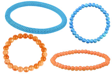 Three orange and blue elastic bracelets made of pearl-like round beads and one blue metallic...