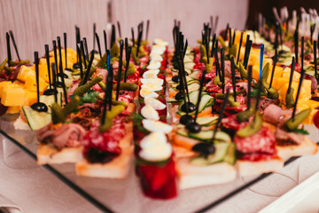 Different canape with meat, cheese and pickles on a buffet dinner. Corporative party.