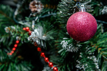 Christmas background red Christmas ball on a Christmas tree 