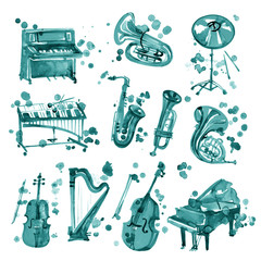 Set of cyan watercolor musical instruments. © Natali_Mias