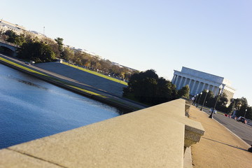 Fototapeta premium Grand view eastwards along Arlington Memorial Bridge towards the Lincoln Memorial on the National Mall in Washington DC