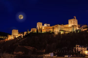 Tableaux ronds sur aluminium brossé Monument artistique Night view of the Alhambra with full moon