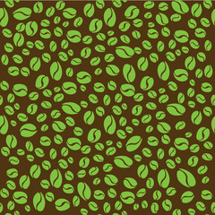 Pattern with green coffee beans on brown background.