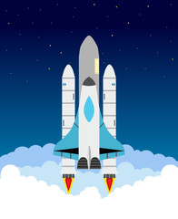 Starting shuttle illustration. Clouds, stars, shuttle and rocket