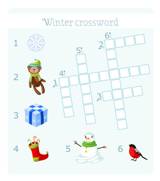 Winter crossword with pictures for children. Six words.