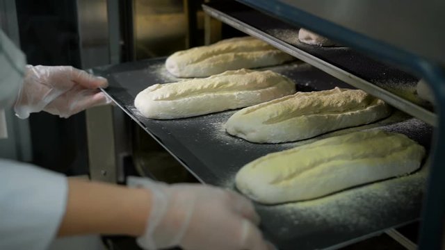The woman in a candy store. The girl in a white form and colourless gloves has put dough on a baking sheet for an oven in the bread machine. In the bread machine there were already preparations.