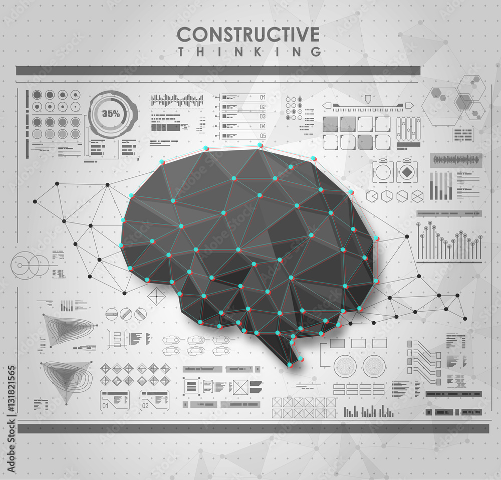 Poster conceptual polygonal brain with hud elements. futuristic user interface.