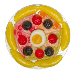 Candied fruit jelly pizza isolated on white background 
