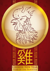 Button with Hand Drawn Rooster Design for Chinese New Year, Vector Illustration