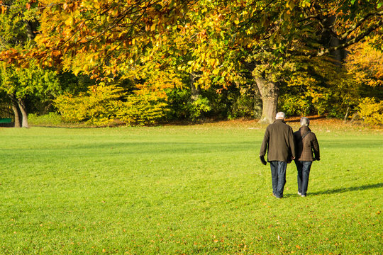 Coppia di anziani a passeggio in autunno all'Englischer Garten di Monaco di Baviera, Germania