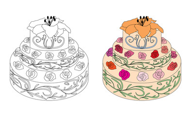 Coloring book page cake with roses. Sketch and color version.