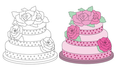 Coloring book page pink cake. Sketch and color version.