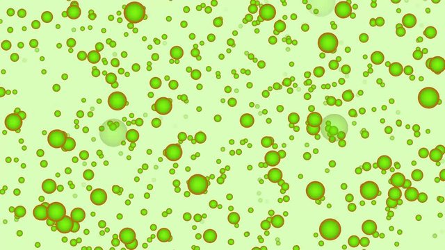 Green balls on a green background are born and fly towards the observer