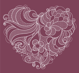 White embroidered lace heart with floral swirls. Vector illustration EPS10.