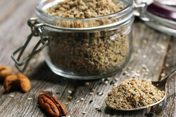 Homemade health Mix  / Protein powder in a glass jar, selective focus