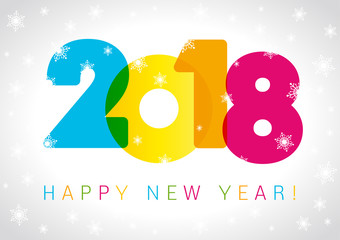 Happy New Year 2018 card text design. Vector happy new year greeting illustration with colored 2018 numbers and snowflake