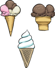 A set of three classic, cartoon ice cream cones including soft serve.