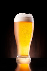 light beer in frosty glass over dark wooden background