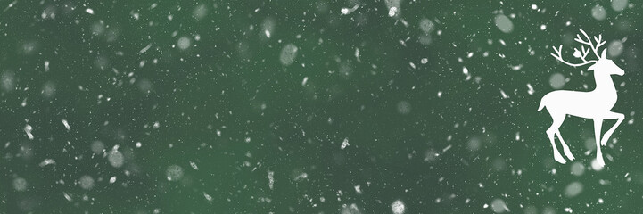 Dark Green long banner bokeh faded background. Deer symbol and snow effect. Christmas new year holidays card