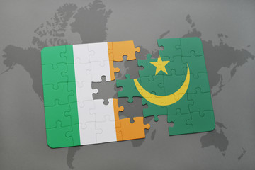 puzzle with the national flag of ireland and mauritania on a world map