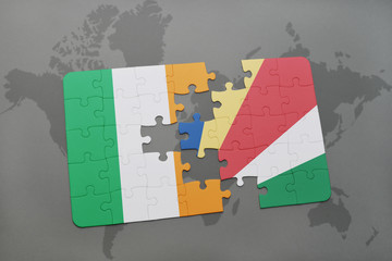 puzzle with the national flag of ireland and seychelles on a world map