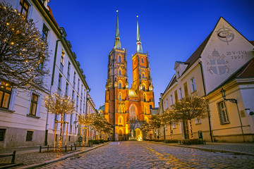 Obraz premium The Cathedral of St. John the Baptist on Tumski island at night in Wroclaw, Poland