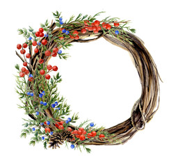 Watercolor hand painted winter wreath of twig. Wood wreath with red and blue winter berries and juniper. Natural illustration for design and background