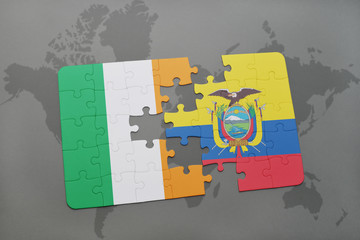 puzzle with the national flag of ireland and ecuador on a world map