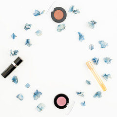 Flowers and women accessories. Flat lay. Top view.